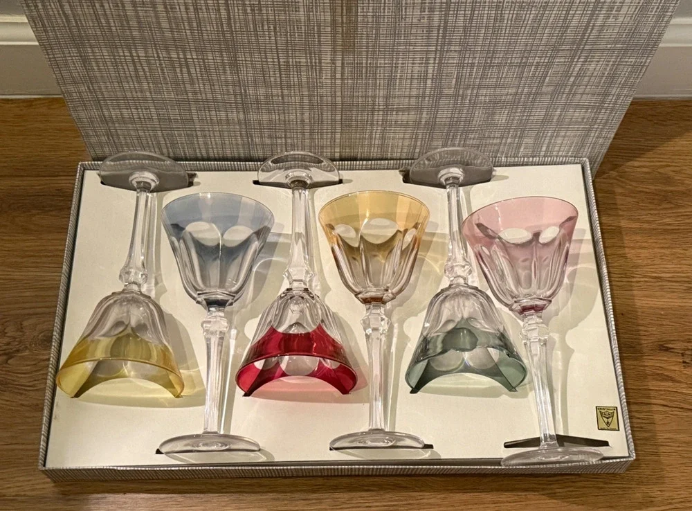 🍷 Cristal d’Arques France Colored Wine Glass Set of 6 Vintage 7” Boxed